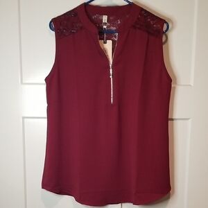 Moyaba Burgundy Chiffon Sleeveless Top With Lace Trim & Zipper NWT Size Large